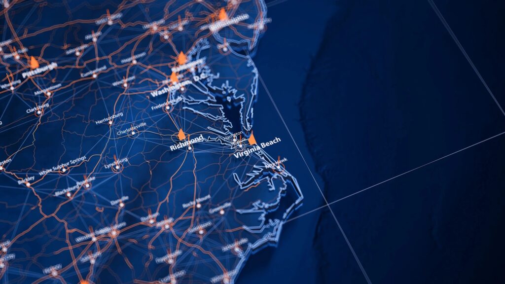 Virginia Beach map big data visualization. Futuristic map infographic of city in USA. Visual map data complexity in modern blue and orange colors